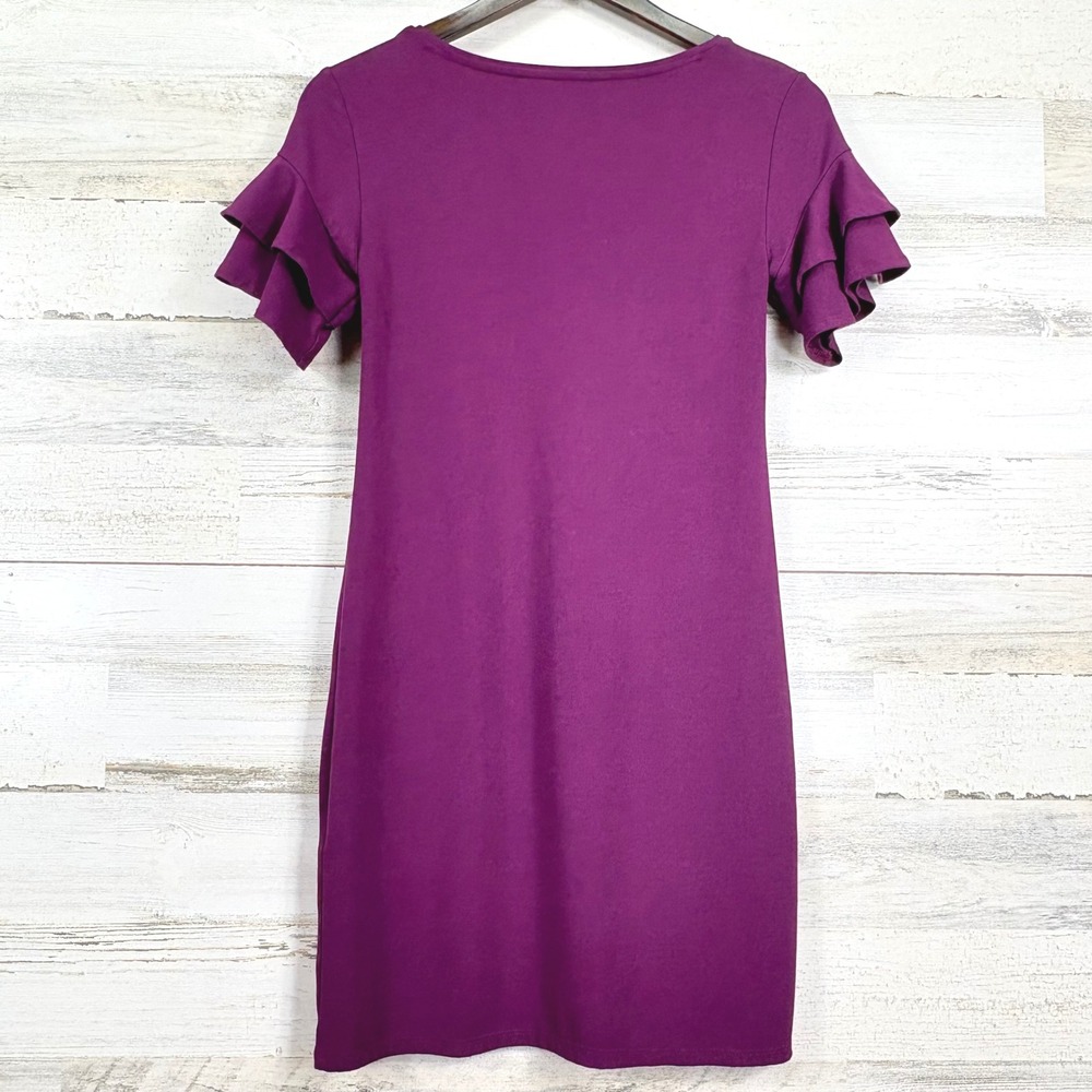 White House Black Market Plum Purple Ruffle Sleeve V Neck Shift‎ Dress XXS - Picture 2 of 10